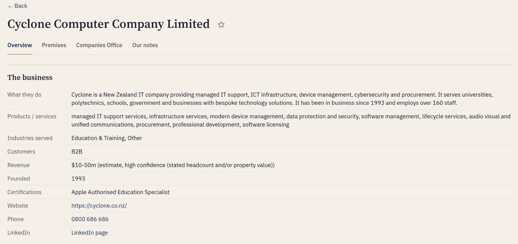 The whole business on one page: a screenshot of Phanerio