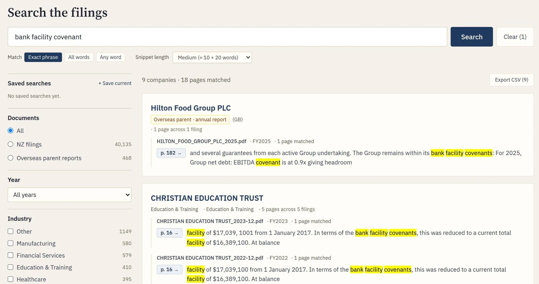 Search inside 61,000 filings: a screenshot of Phanerio